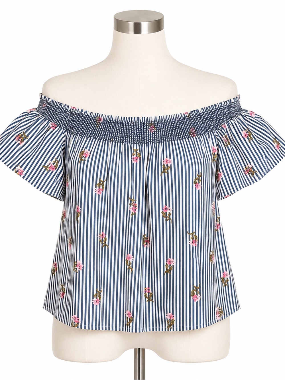 Blue Rain Navy & White Striped Off-Shoulder Top with Pink Floral Print